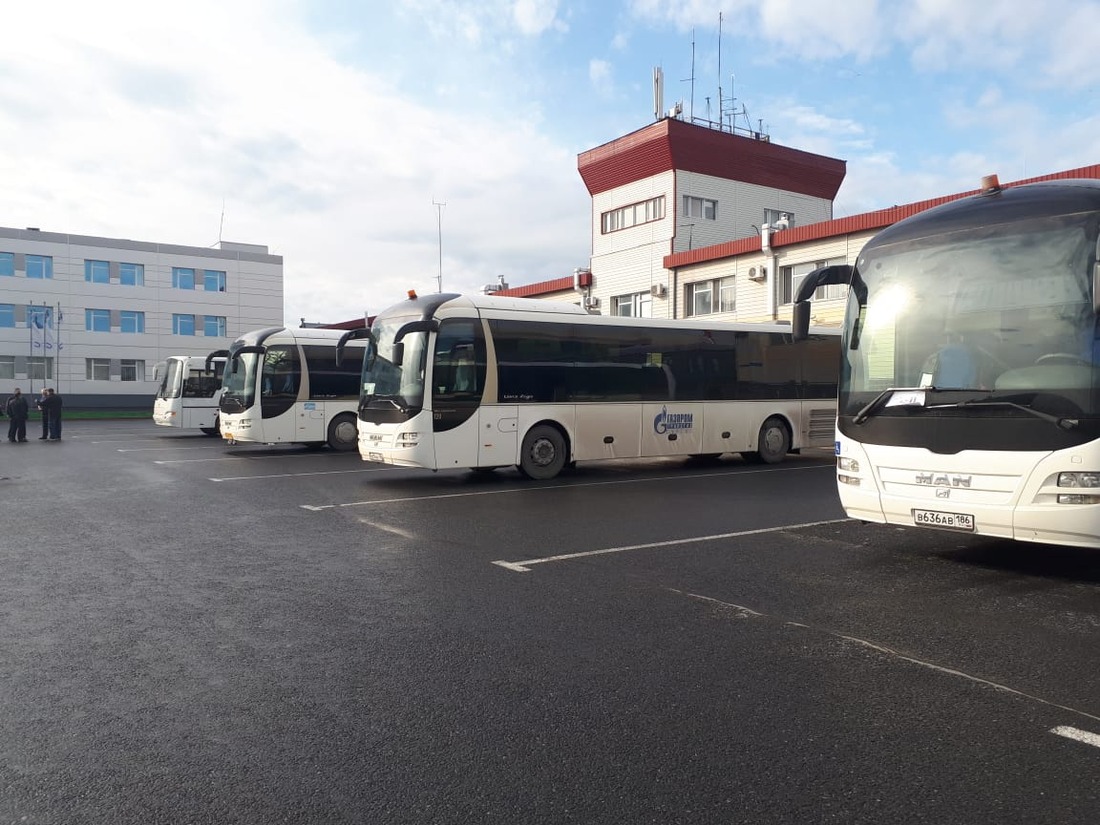 Медосмотр газовики проходят в прибывших к аэровокзалу автобусах (Фото — Олег Титов)