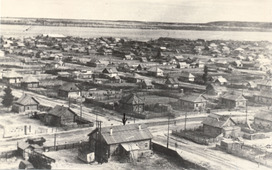 Рабочий поселок Сургут. На переднем плане контора Сургутской нефтегазоразведочной экспедиции, конец 1959 — начало 1960 годов